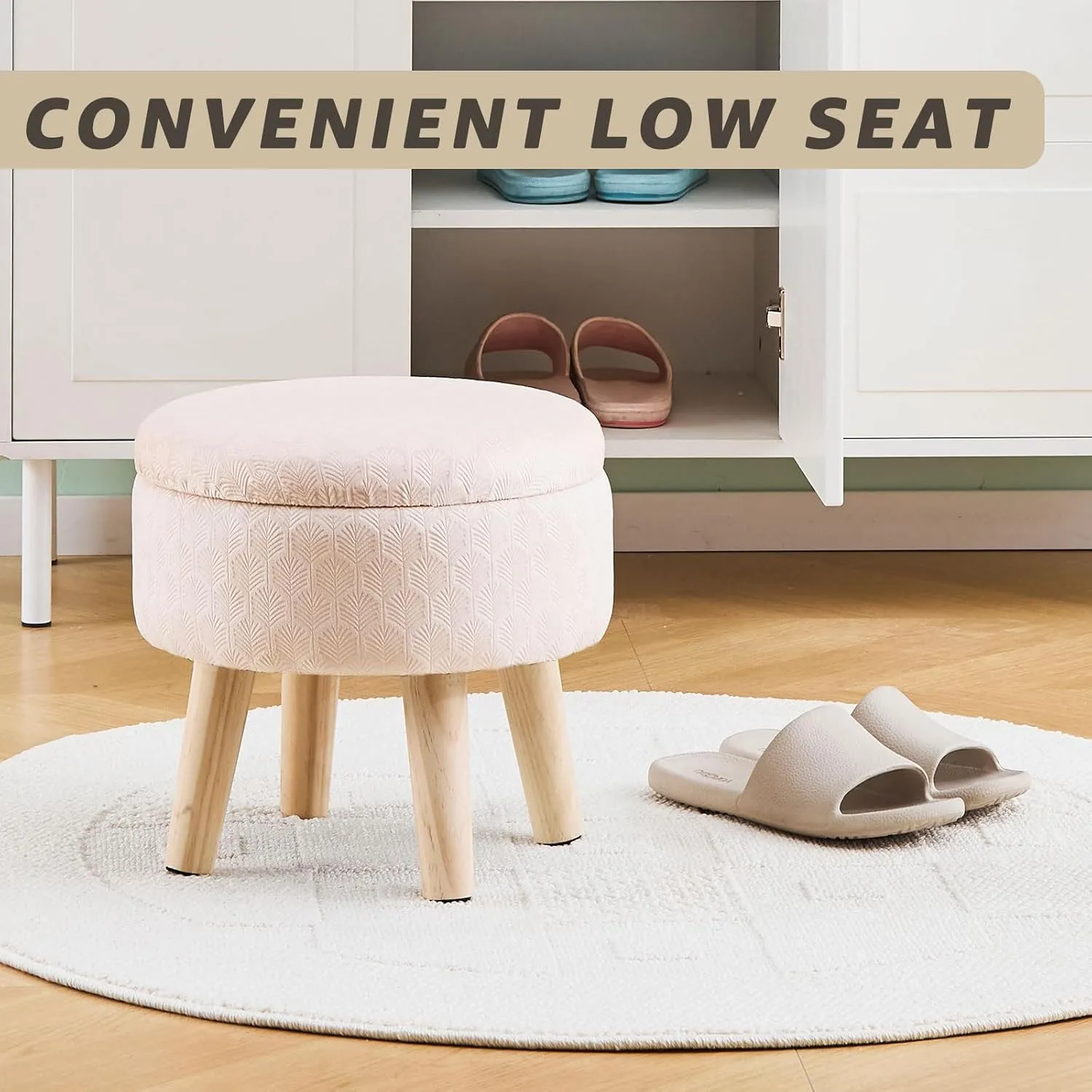 Cpintltr Round Footstool Ottoman Rabbit Wool Mushroom Stool Solid Wood Stool Small Upholstered Ottoman Shoe Changing Foot Stool Step Stool Sofa Footrest Stool for Living Room (Storage-Champagne)