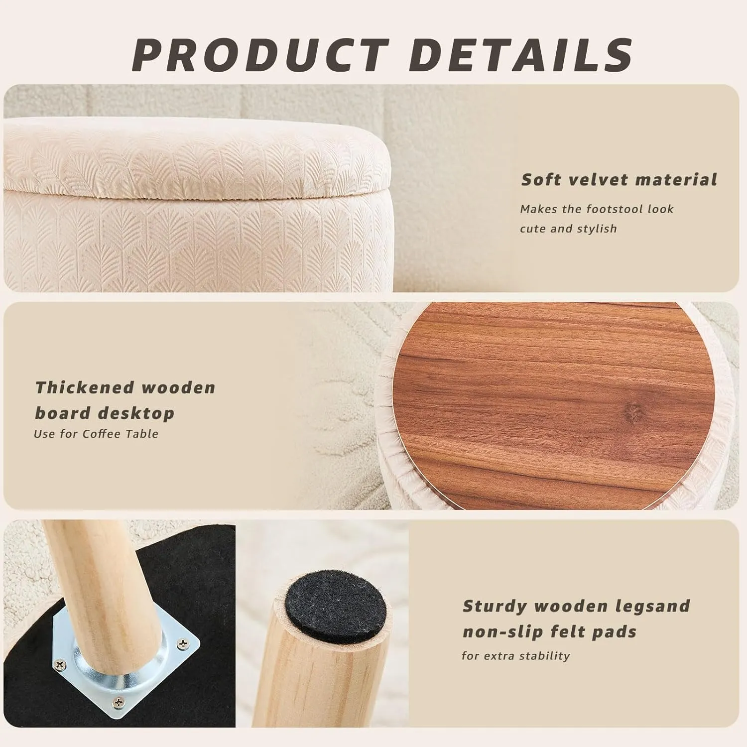 Cpintltr Round Footstool Ottoman Rabbit Wool Mushroom Stool Solid Wood Stool Small Upholstered Ottoman Shoe Changing Foot Stool Step Stool Sofa Footrest Stool for Living Room (Storage-Champagne)