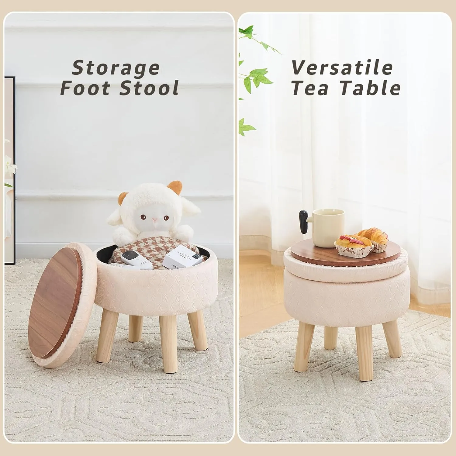 Cpintltr Round Footstool Ottoman Rabbit Wool Mushroom Stool Solid Wood Stool Small Upholstered Ottoman Shoe Changing Foot Stool Step Stool Sofa Footrest Stool for Living Room (Storage-Champagne)