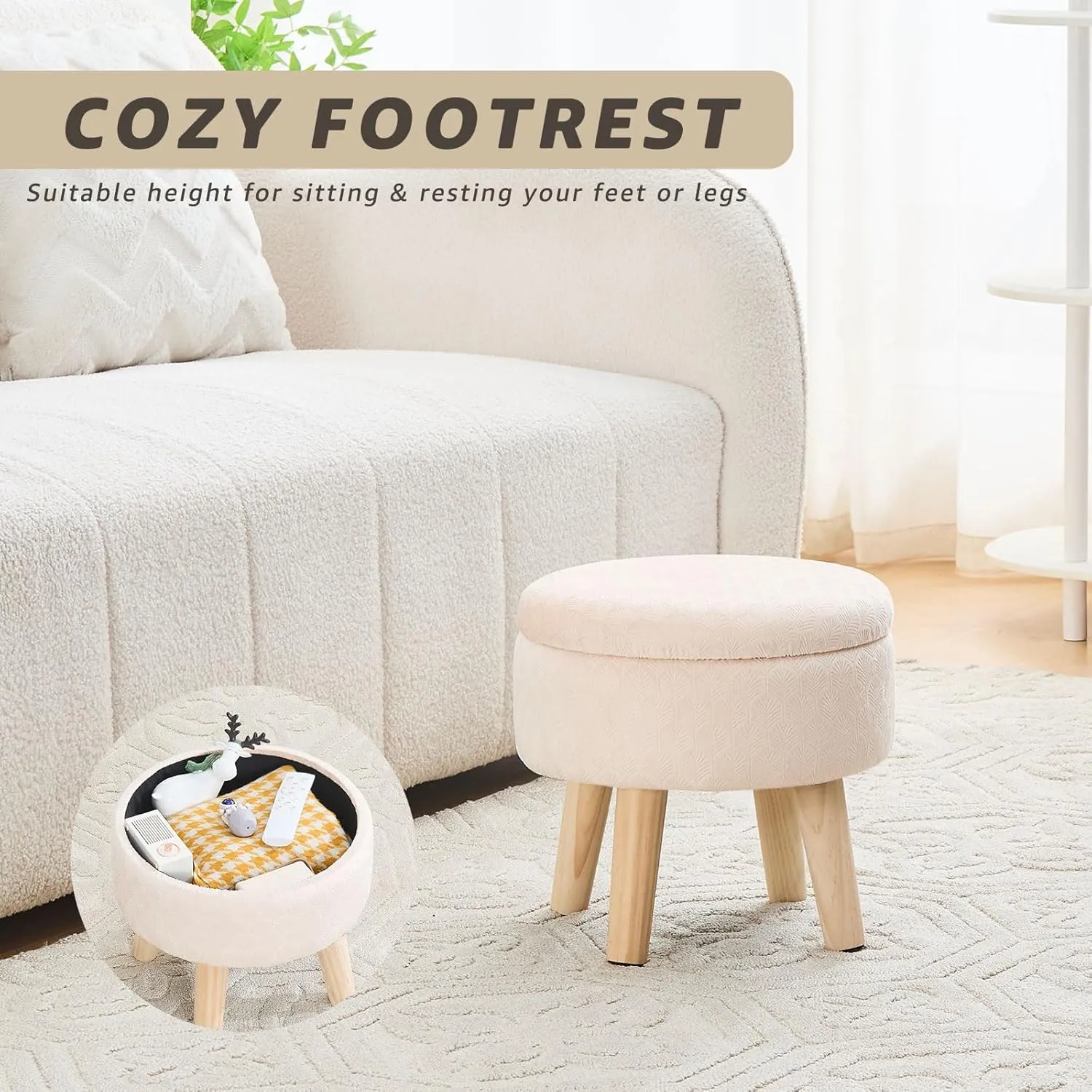 Cpintltr Round Footstool Ottoman Rabbit Wool Mushroom Stool Solid Wood Stool Small Upholstered Ottoman Shoe Changing Foot Stool Step Stool Sofa Footrest Stool for Living Room (Storage-Champagne)