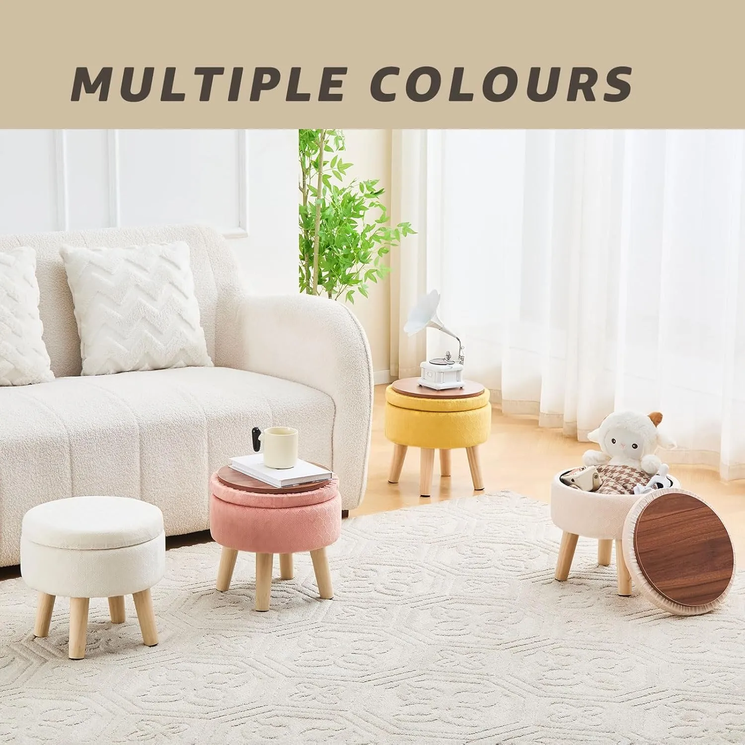 Cpintltr Round Footstool Ottoman Rabbit Wool Mushroom Stool Solid Wood Stool Small Upholstered Ottoman Shoe Changing Foot Stool Step Stool Sofa Footrest Stool for Living Room (Storage-Turmeric)