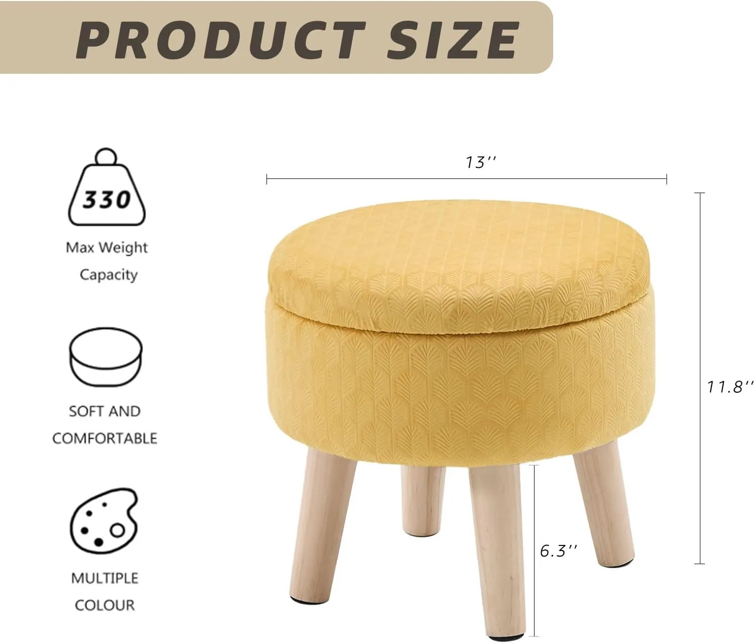 Cpintltr Round Footstool Ottoman Rabbit Wool Mushroom Stool Solid Wood Stool Small Upholstered Ottoman Shoe Changing Foot Stool Step Stool Sofa Footrest Stool for Living Room (Storage-Turmeric)