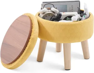 Cpintltr Round Footstool Ottoman Rabbit Wool Mushroom Stool Solid Wood Stool Small Upholstered Ottoman Shoe Changing Foot Stool Step Stool Sofa Footrest Stool for Living Room (Storage-Turmeric)