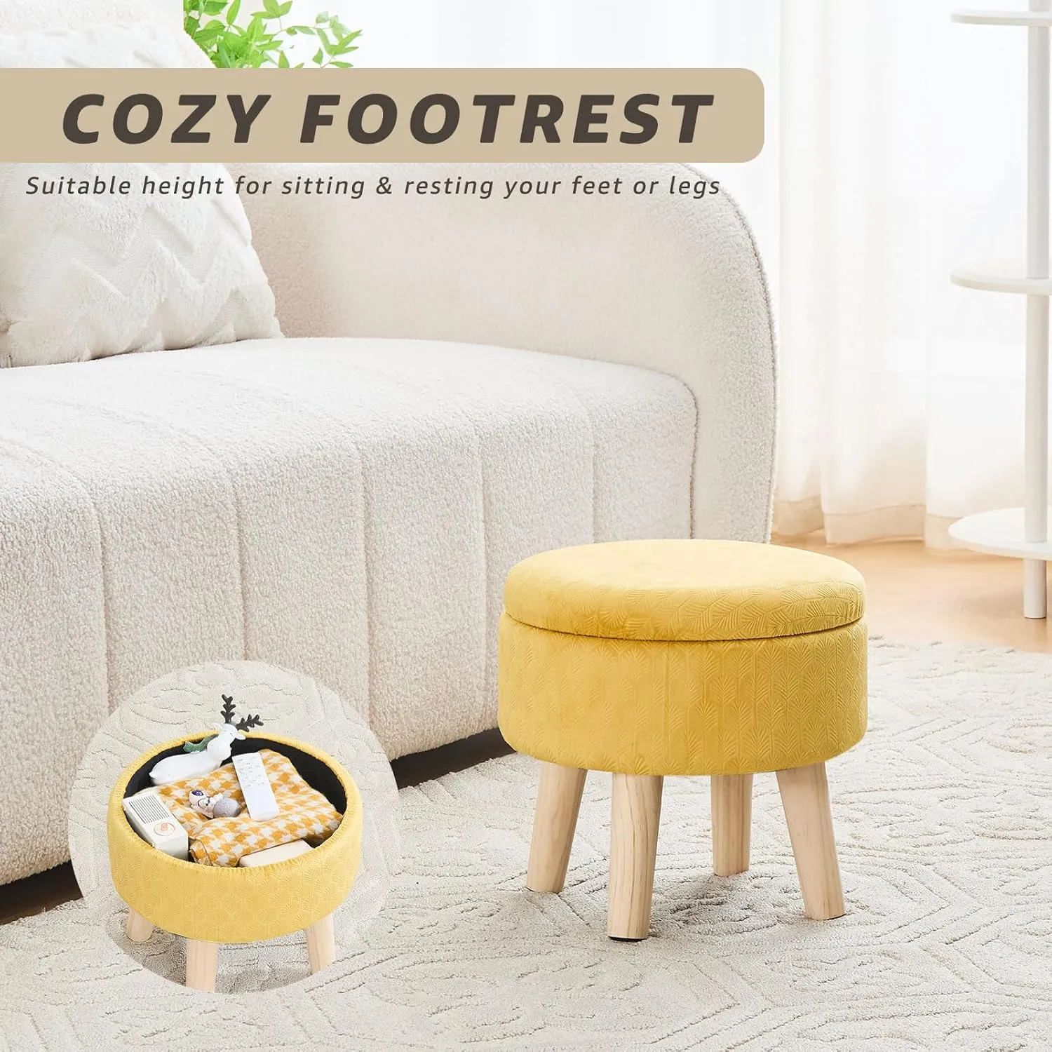 Cpintltr Round Footstool Ottoman Rabbit Wool Mushroom Stool Solid Wood Stool Small Upholstered Ottoman Shoe Changing Foot Stool Step Stool Sofa Footrest Stool for Living Room (Storage-Turmeric)