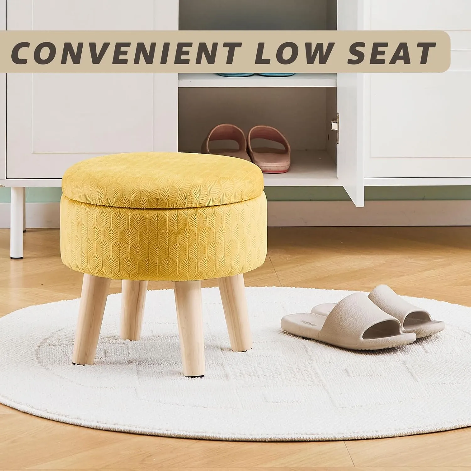 Cpintltr Round Footstool Ottoman Rabbit Wool Mushroom Stool Solid Wood Stool Small Upholstered Ottoman Shoe Changing Foot Stool Step Stool Sofa Footrest Stool for Living Room (Storage-Turmeric)