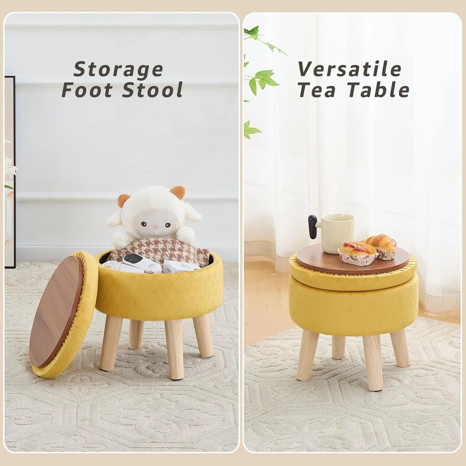 Cpintltr Round Footstool Ottoman Rabbit Wool Mushroom Stool Solid Wood Stool Small Upholstered Ottoman Shoe Changing Foot Stool Step Stool Sofa Footrest Stool for Living Room (Storage-Turmeric)