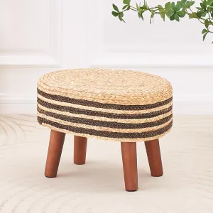 Cpintltr Round Ottoman Natural Seagrass Footstool Hand Weave Water Hyacinth Poufs Eco Friendly Sofa Foot Stool Soft Step Stool Padded Foot Rest with Pine Legs for Living Room (Black and Solid)