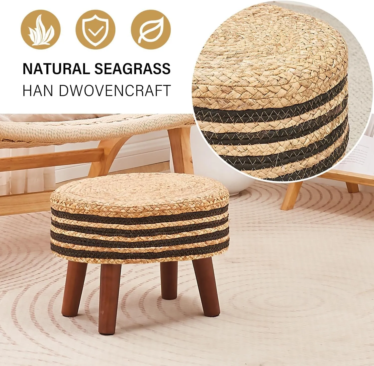 Cpintltr Round Ottoman Natural Seagrass Footstool Hand Weave Water Hyacinth Poufs Eco Friendly Sofa Foot Stool Soft Step Stool Padded Foot Rest with Pine Legs for Living Room (Black and Solid)