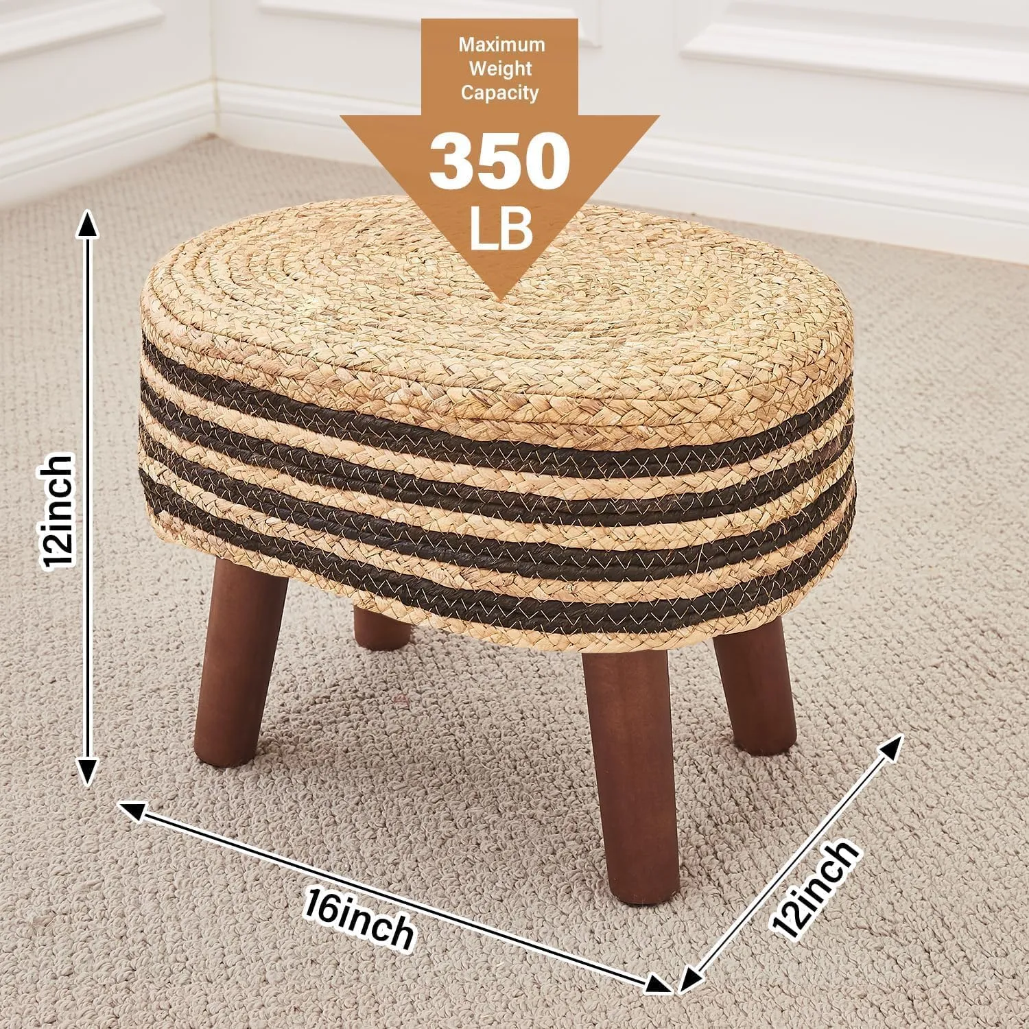 Cpintltr Round Ottoman Natural Seagrass Footstool Hand Weave Water Hyacinth Poufs Eco Friendly Sofa Foot Stool Soft Step Stool Padded Foot Rest with Pine Legs for Living Room (Black and Solid)