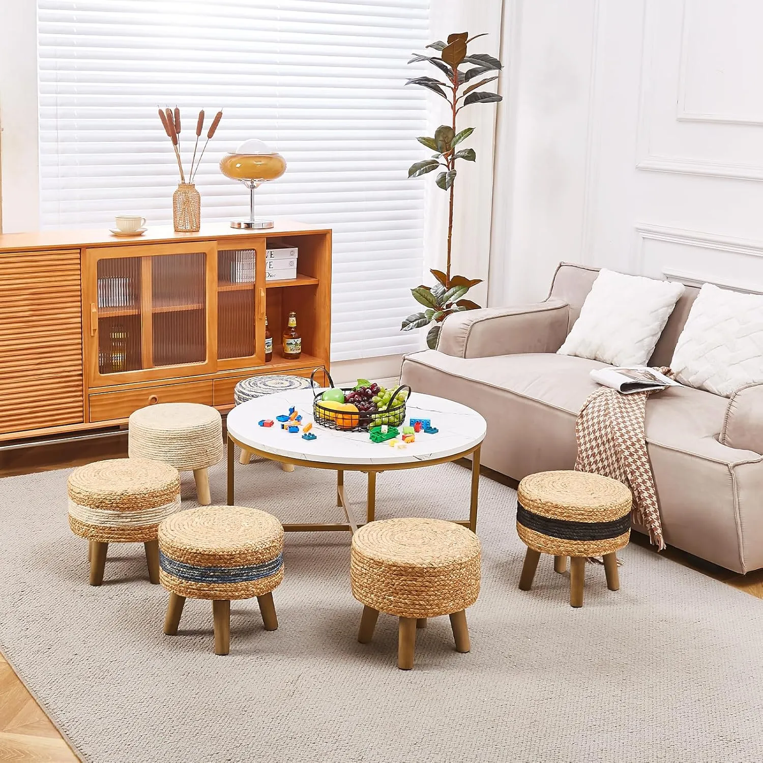 Cpintltr Round Ottoman Natural Seagrass Footstool Hand Weave Water Hyacinth Poufs Eco Friendly Sofa Foot Stool Soft Step Stool Padded Foot Rest with Pine Legs for Living Room (Black)