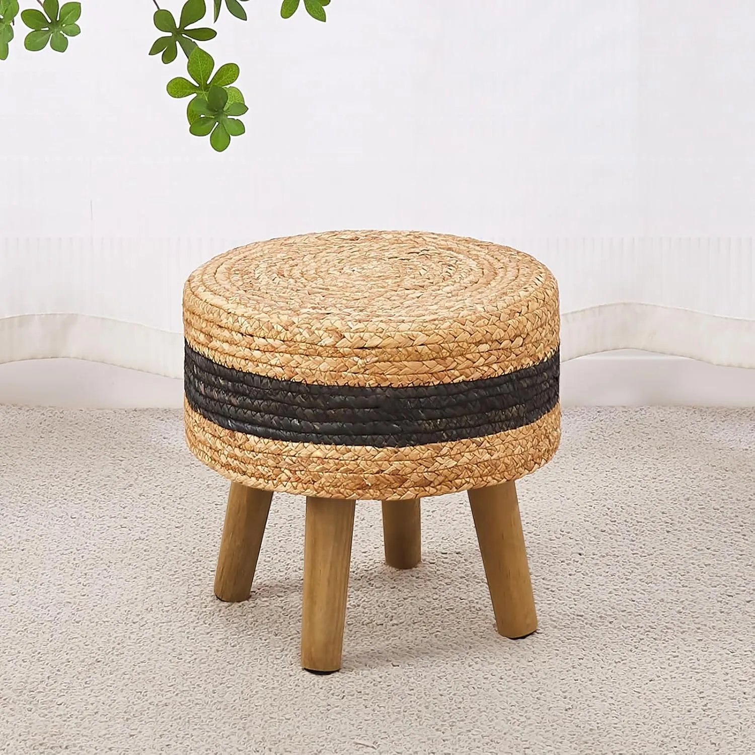 Cpintltr Round Ottoman Natural Seagrass Footstool Hand Weave Water Hyacinth Poufs Eco Friendly Sofa Foot Stool Soft Step Stool Padded Foot Rest with Pine Legs for Living Room (Black)
