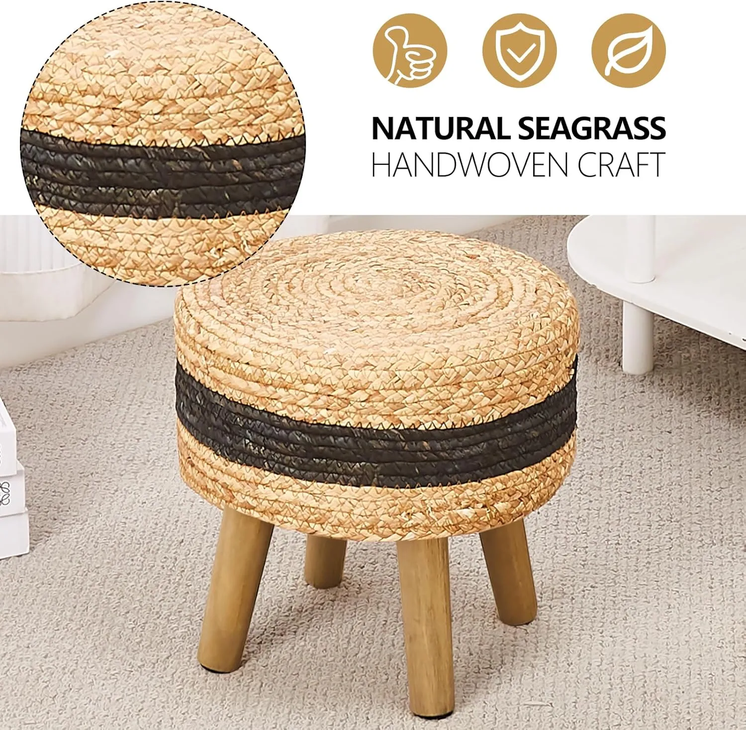 Cpintltr Round Ottoman Natural Seagrass Footstool Hand Weave Water Hyacinth Poufs Eco Friendly Sofa Foot Stool Soft Step Stool Padded Foot Rest with Pine Legs for Living Room (Black)