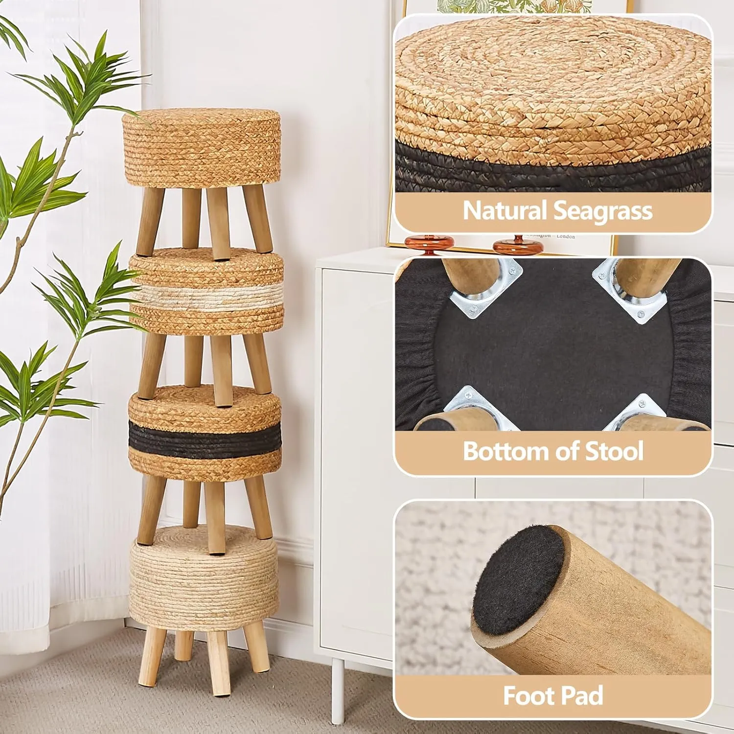 Cpintltr Round Ottoman Natural Seagrass Footstool Hand Weave Water Hyacinth Poufs Eco Friendly Sofa Foot Stool Soft Step Stool Padded Foot Rest with Pine Legs for Living Room (Black)