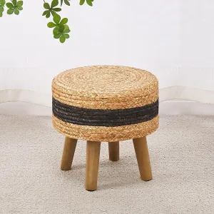 Cpintltr Round Ottoman Natural Seagrass Footstool Hand Weave Water Hyacinth Poufs Eco Friendly Sofa Foot Stool Soft Step Stool Padded Foot Rest with Pine Legs for Living Room (Black)