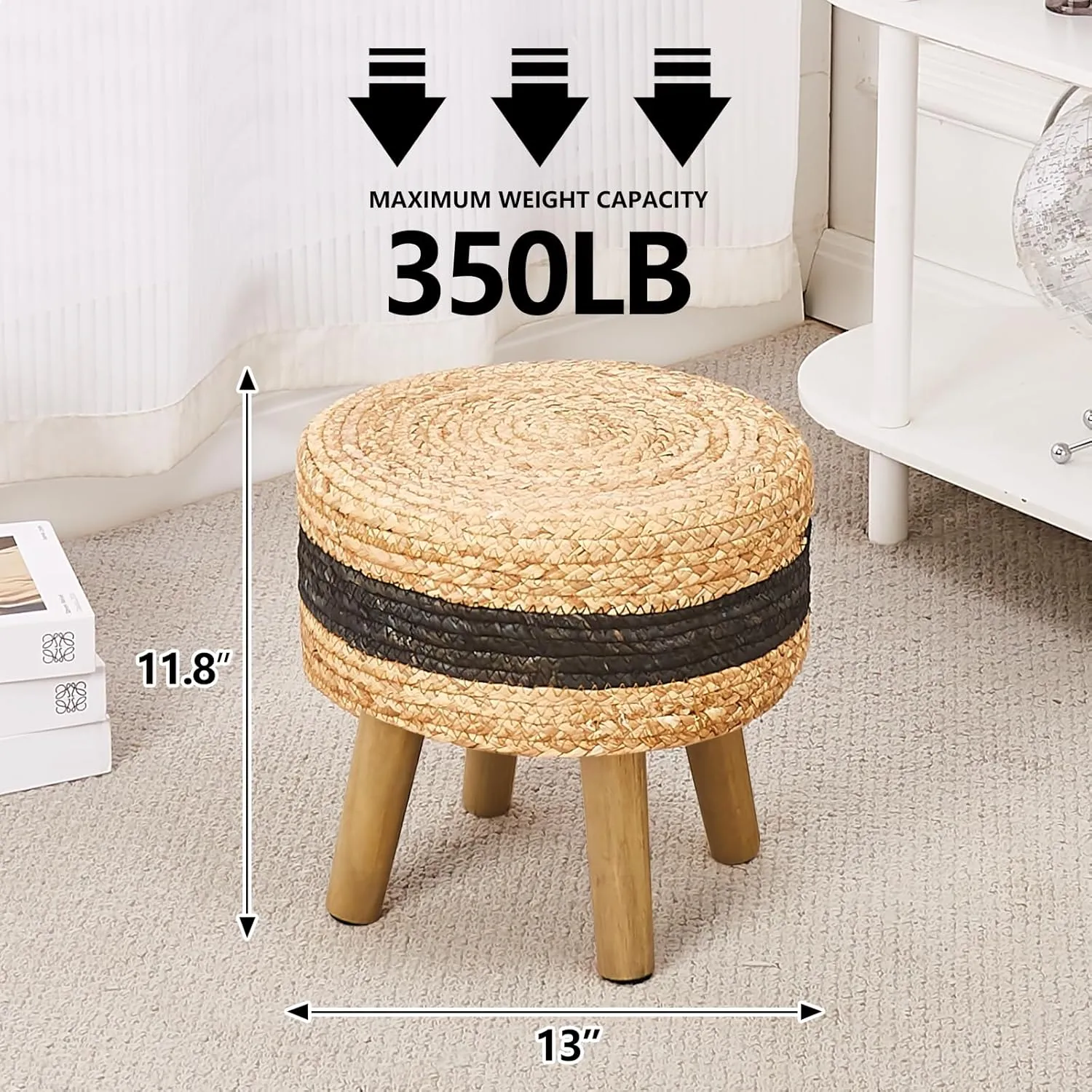 Cpintltr Round Ottoman Natural Seagrass Footstool Hand Weave Water Hyacinth Poufs Eco Friendly Sofa Foot Stool Soft Step Stool Padded Foot Rest with Pine Legs for Living Room (Black)