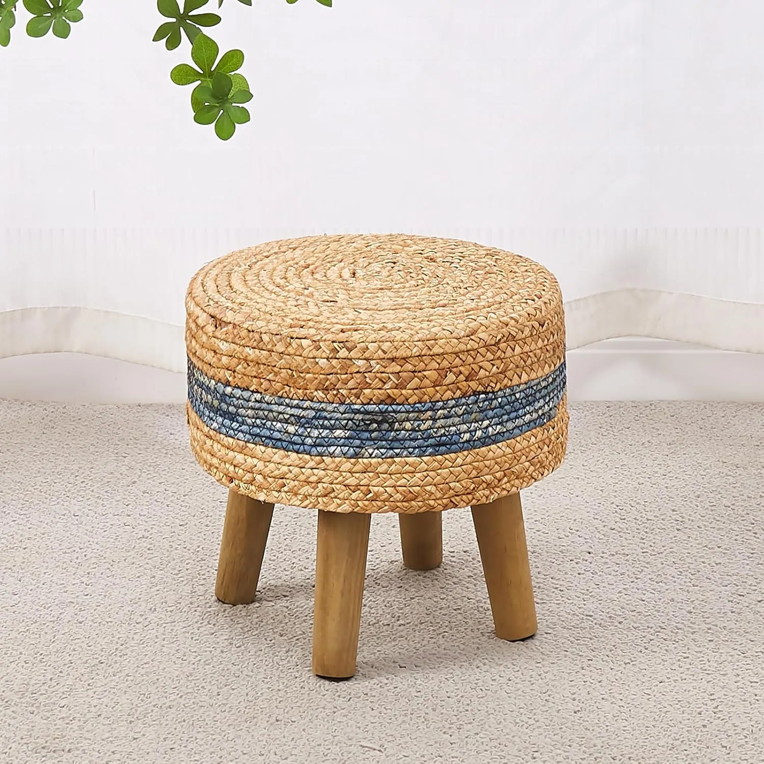 Cpintltr Round Ottoman Natural Seagrass Footstool Hand Weave Water Hyacinth Poufs Eco Friendly Sofa Foot Stool Soft Step Stool Padded Foot Rest with Pine Legs for Living Room (Blue)
