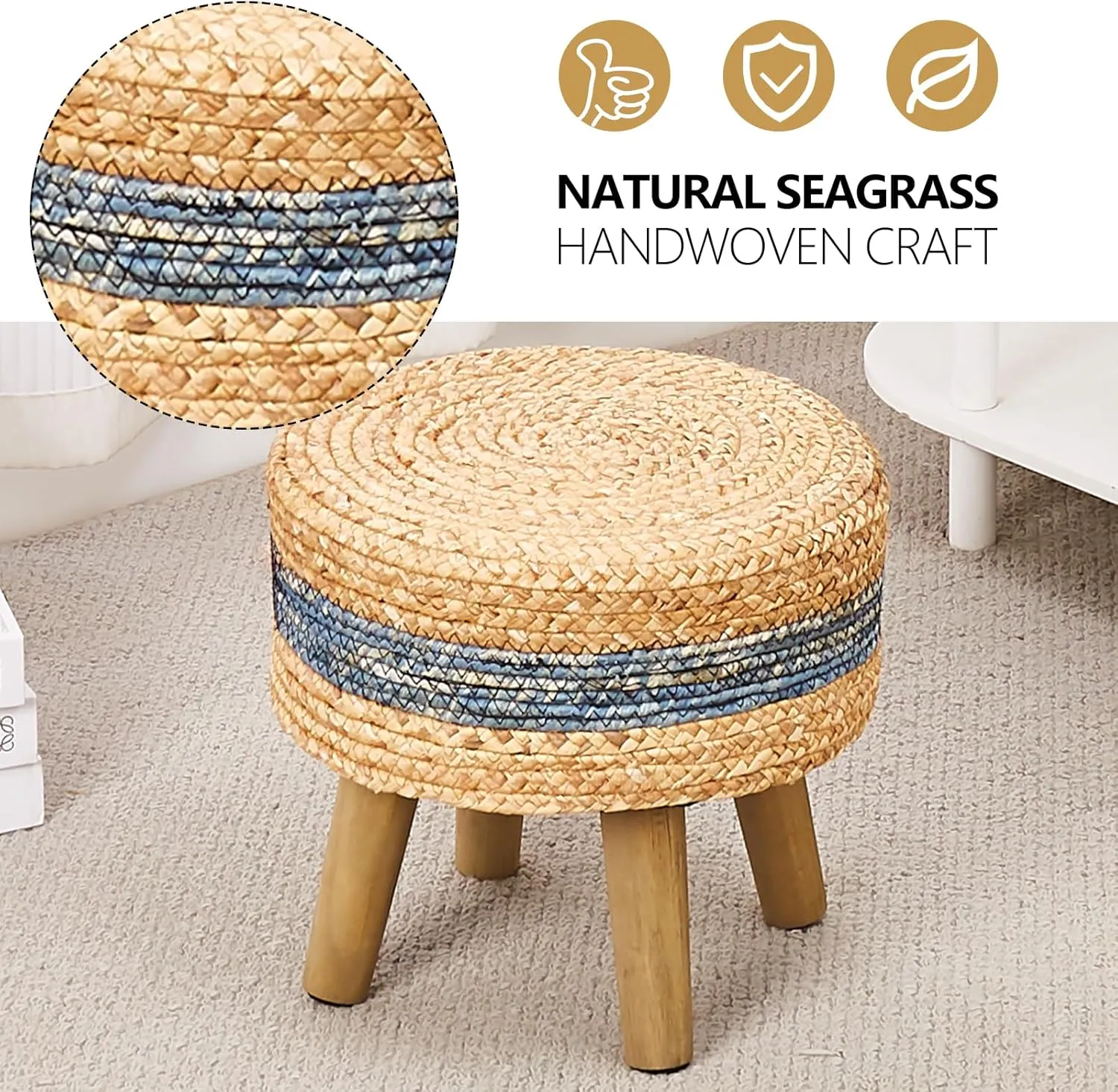 Cpintltr Round Ottoman Natural Seagrass Footstool Hand Weave Water Hyacinth Poufs Eco Friendly Sofa Foot Stool Soft Step Stool Padded Foot Rest with Pine Legs for Living Room (Blue)