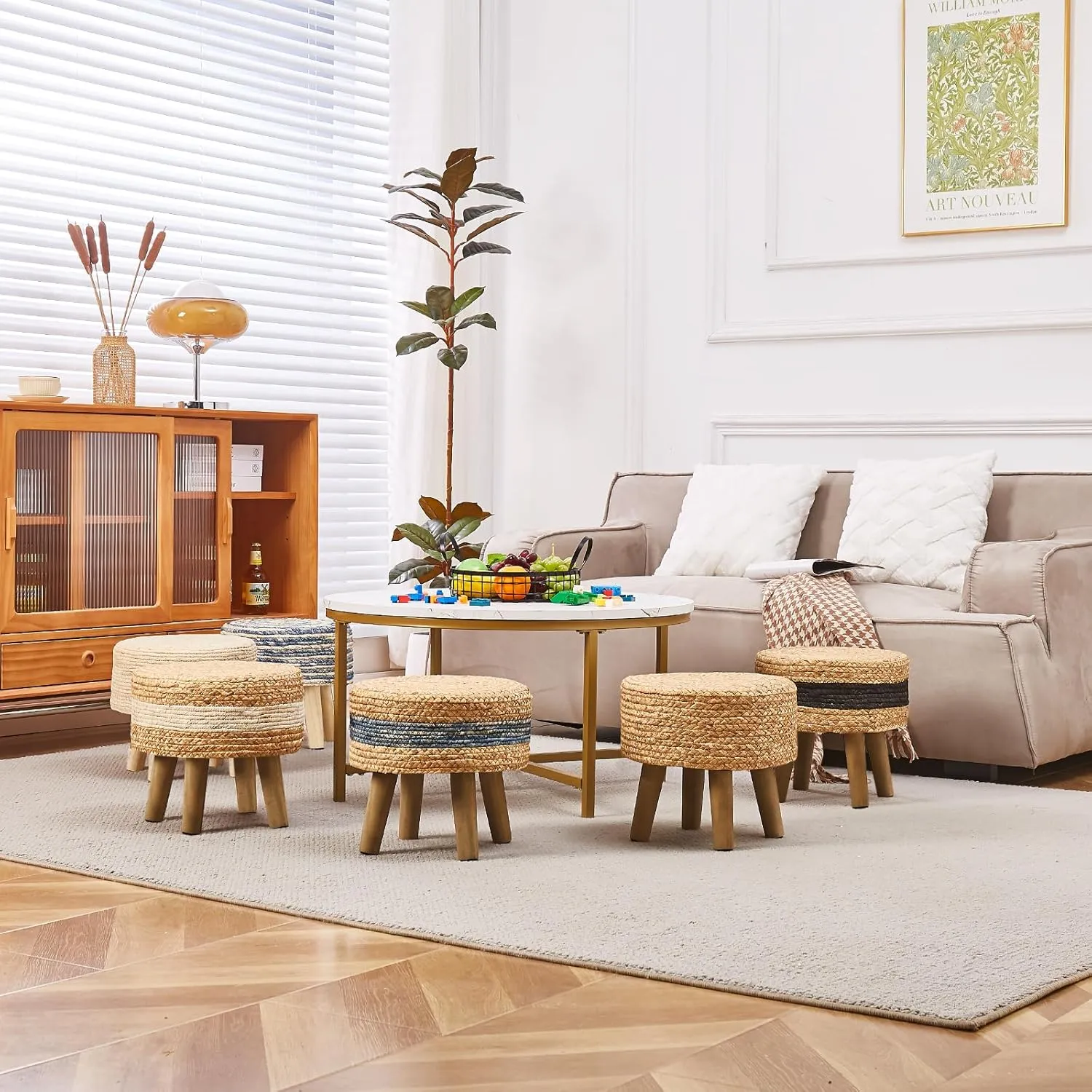 Cpintltr Round Ottoman Natural Seagrass Footstool Hand Weave Water Hyacinth Poufs Eco Friendly Sofa Foot Stool Soft Step Stool Padded Foot Rest with Pine Legs for Living Room (Blue)