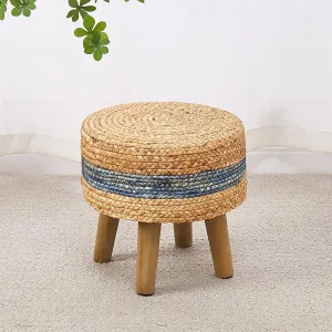 Cpintltr Round Ottoman Natural Seagrass Footstool Hand Weave Water Hyacinth Poufs Eco Friendly Sofa Foot Stool Soft Step Stool Padded Foot Rest with Pine Legs for Living Room (Blue)