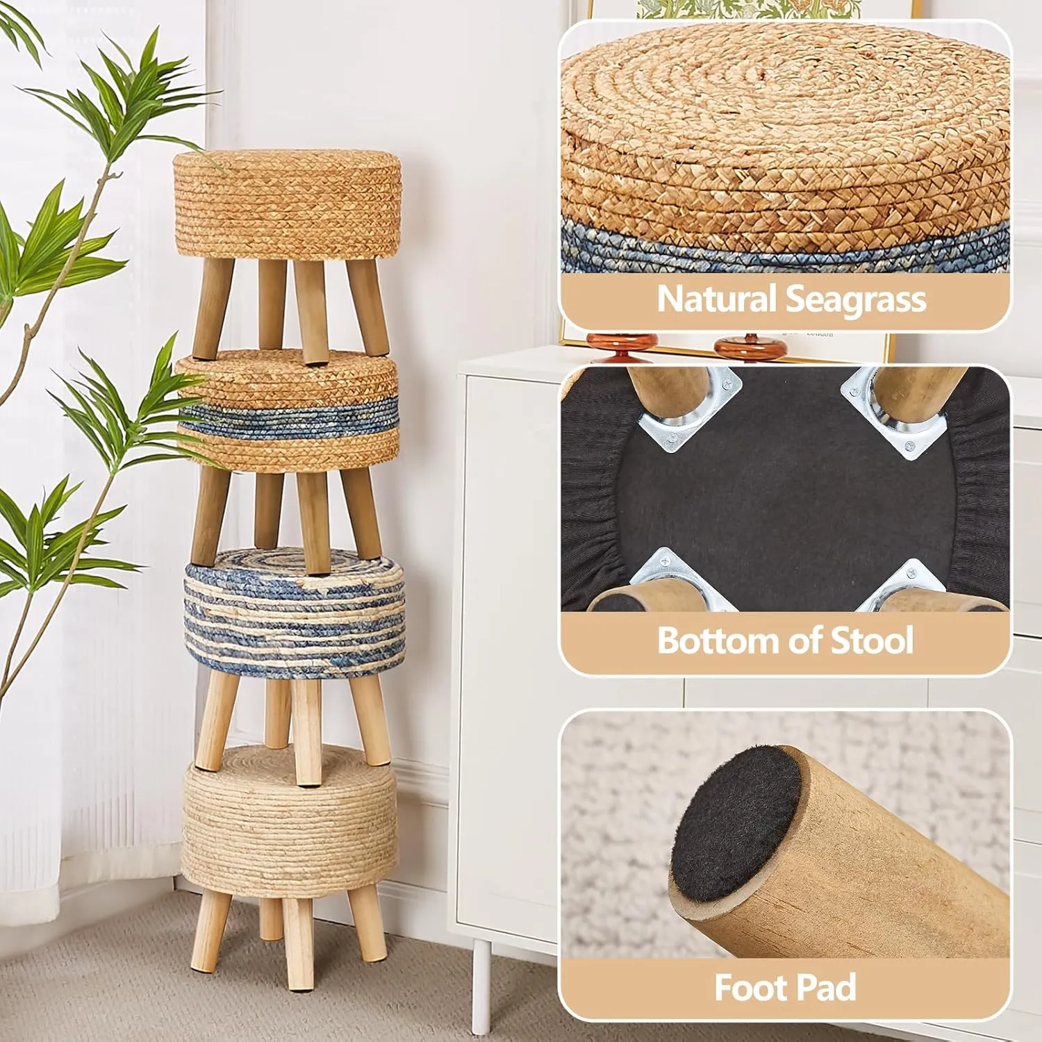 Cpintltr Round Ottoman Natural Seagrass Footstool Hand Weave Water Hyacinth Poufs Eco Friendly Sofa Foot Stool Soft Step Stool Padded Foot Rest with Pine Legs for Living Room (Blue)