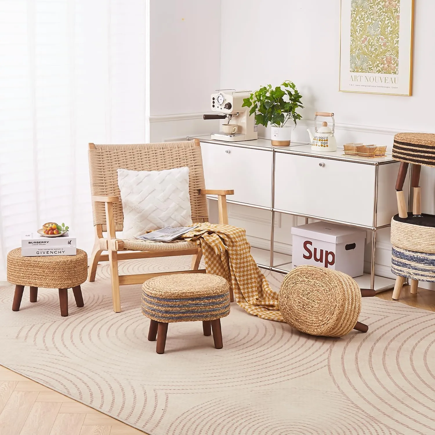 Cpintltr Round Ottoman Natural Seagrass Footstool Hand Weave Water Hyacinth Poufs Eco Friendly Sofa Foot Stool Soft Step Stool Padded Foot Rest with Pine Legs for Living Room (Cream)