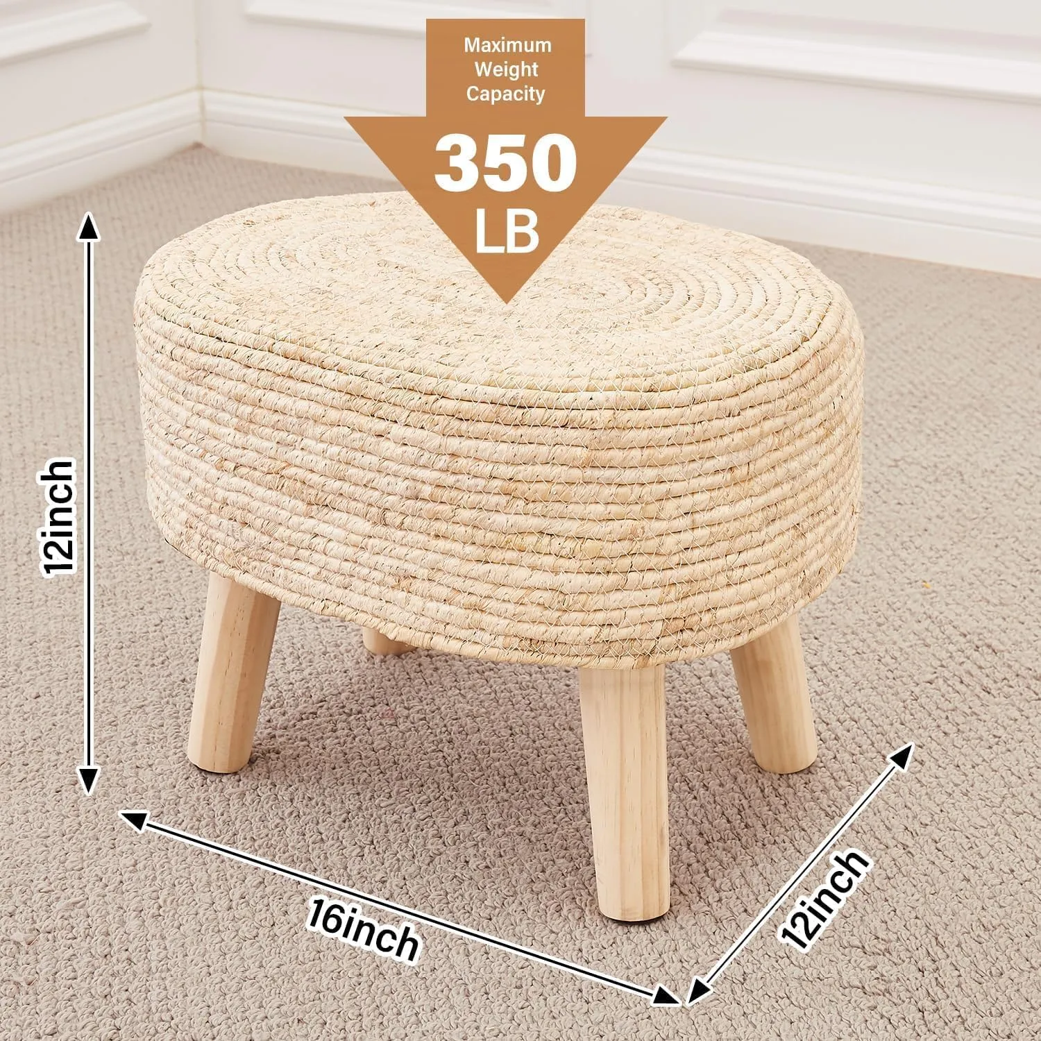 Cpintltr Round Ottoman Natural Seagrass Footstool Hand Weave Water Hyacinth Poufs Eco Friendly Sofa Foot Stool Soft Step Stool Padded Foot Rest with Pine Legs for Living Room (Cream)