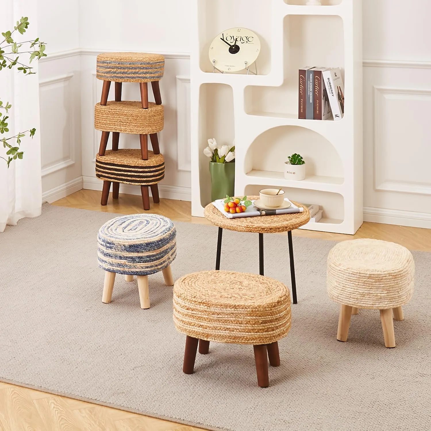 Cpintltr Round Ottoman Natural Seagrass Footstool Hand Weave Water Hyacinth Poufs Eco Friendly Sofa Foot Stool Soft Step Stool Padded Foot Rest with Pine Legs for Living Room (Cream)