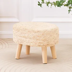 Cpintltr Round Ottoman Natural Seagrass Footstool Hand Weave Water Hyacinth Poufs Eco Friendly Sofa Foot Stool Soft Step Stool Padded Foot Rest with Pine Legs for Living Room (Cream)