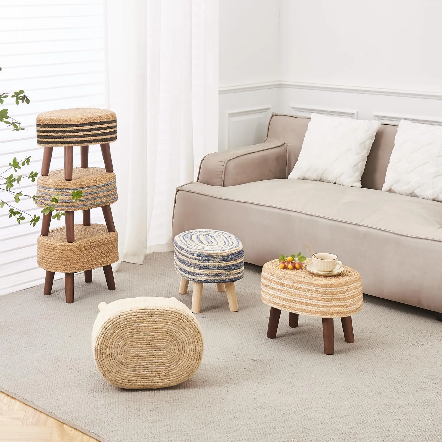 Cpintltr Round Ottoman Natural Seagrass Footstool Hand Weave Water Hyacinth Poufs Eco Friendly Sofa Foot Stool Soft Step Stool Padded Foot Rest with Pine Legs for Living Room (Cream)
