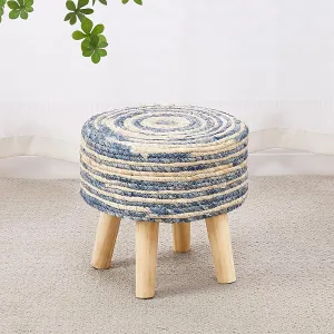 Cpintltr Round Ottoman Natural Seagrass Footstool Hand Weave Water Hyacinth Poufs Eco Friendly Sofa Foot Stool Soft Step Stool Padded Foot Rest with Pine Legs for Living Room (Mixed Blue)