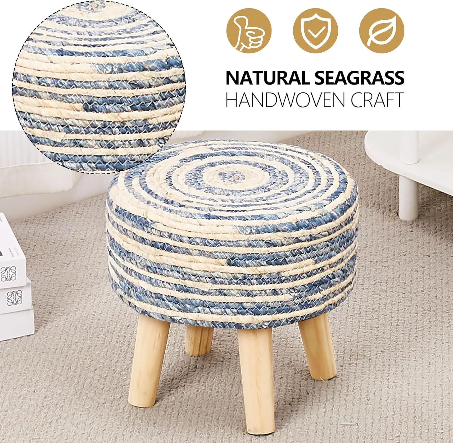 Cpintltr Round Ottoman Natural Seagrass Footstool Hand Weave Water Hyacinth Poufs Eco Friendly Sofa Foot Stool Soft Step Stool Padded Foot Rest with Pine Legs for Living Room (Mixed Blue)