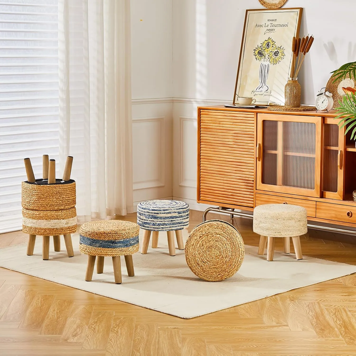 Cpintltr Round Ottoman Natural Seagrass Footstool Hand Weave Water Hyacinth Poufs Eco Friendly Sofa Foot Stool Soft Step Stool Padded Foot Rest with Pine Legs for Living Room (Mixed Blue)