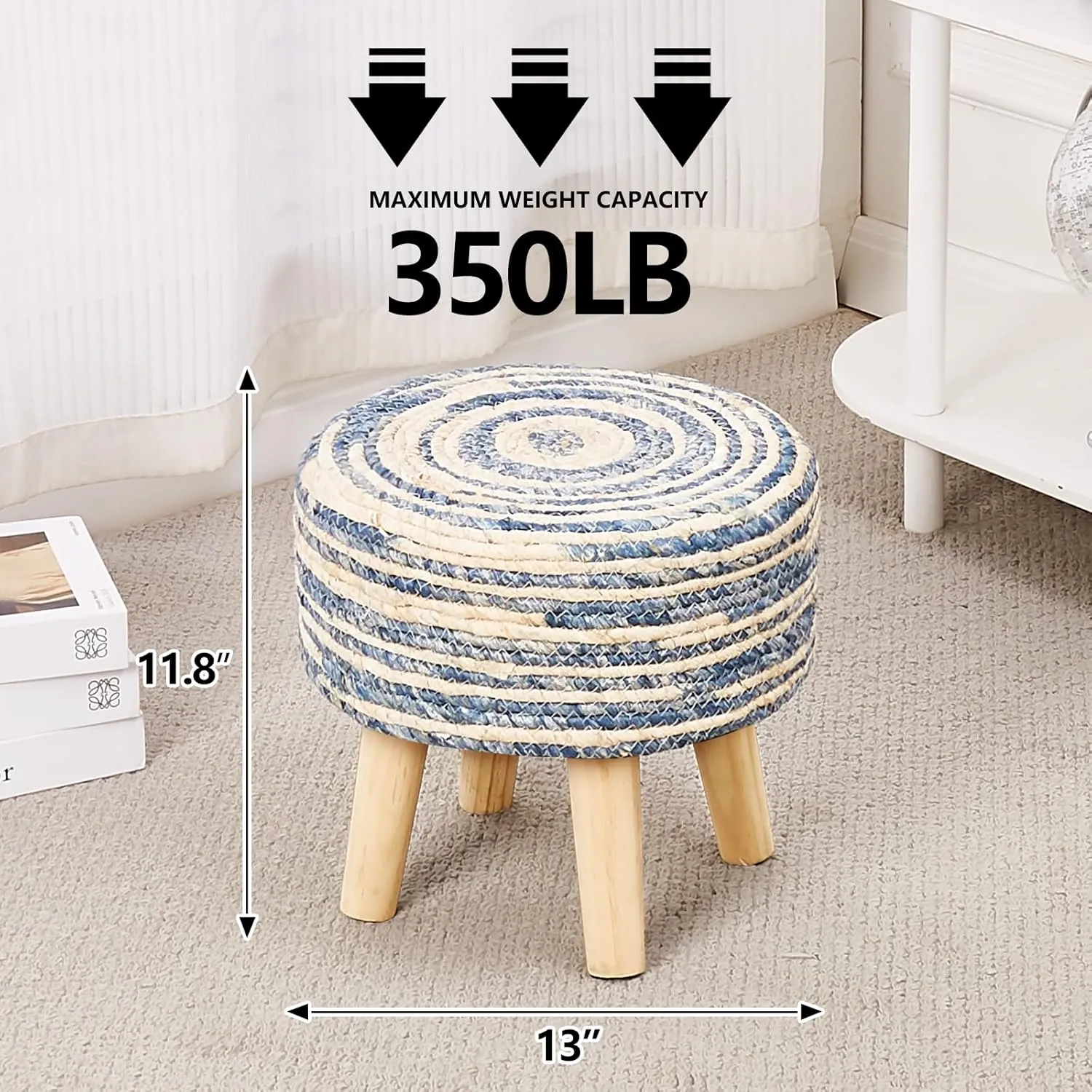 Cpintltr Round Ottoman Natural Seagrass Footstool Hand Weave Water Hyacinth Poufs Eco Friendly Sofa Foot Stool Soft Step Stool Padded Foot Rest with Pine Legs for Living Room (Mixed Blue)