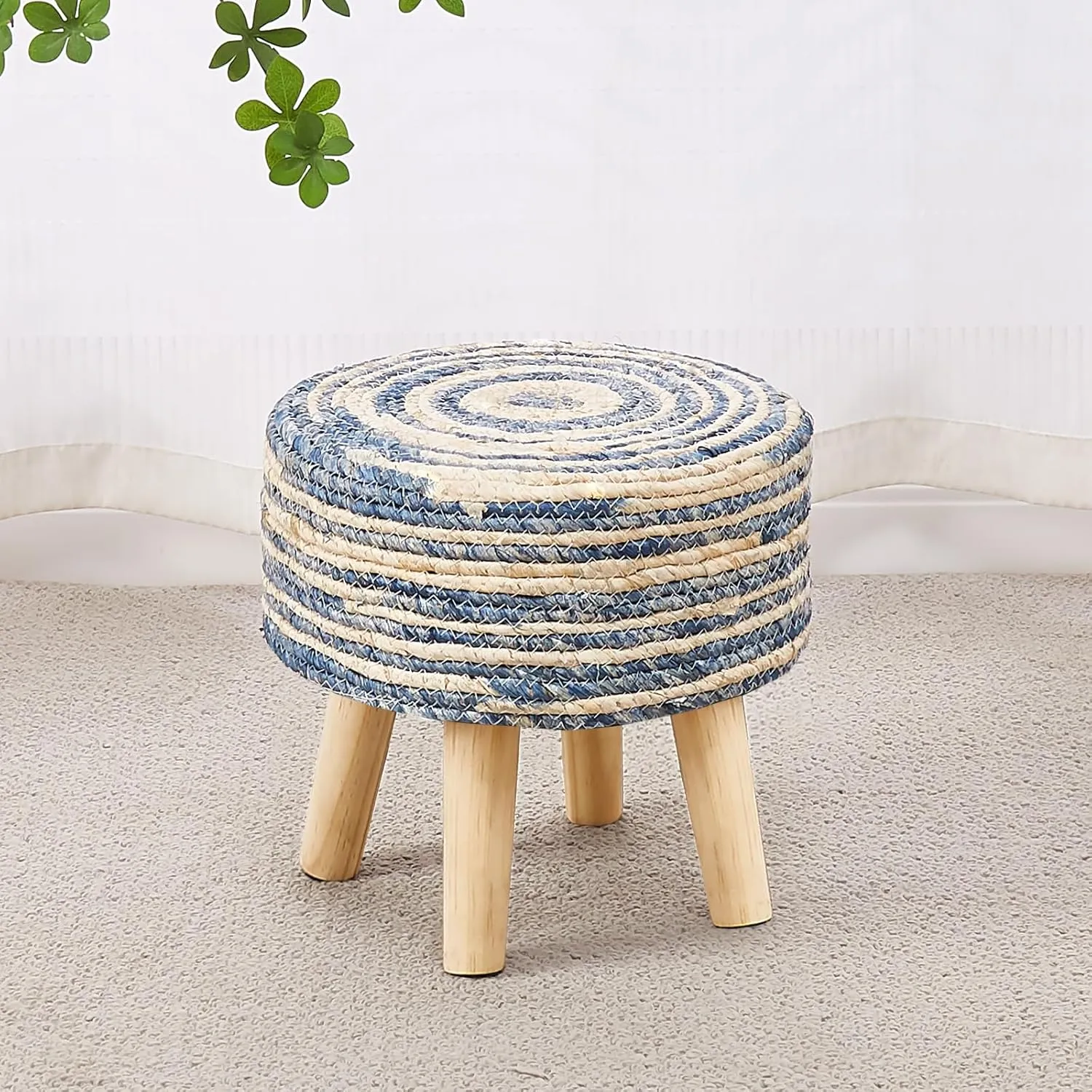 Cpintltr Round Ottoman Natural Seagrass Footstool Hand Weave Water Hyacinth Poufs Eco Friendly Sofa Foot Stool Soft Step Stool Padded Foot Rest with Pine Legs for Living Room (Mixed Blue)