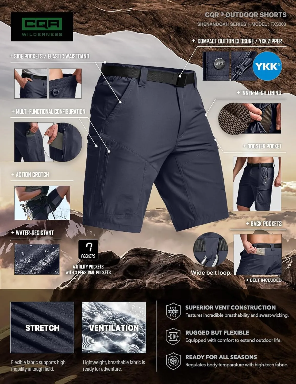 CQR Men’s Quick-Dry Stretch Hiking Cargo Shorts – Lightweight Water-Resistant Tactical Casual, Golf & Outdoor with Pockets