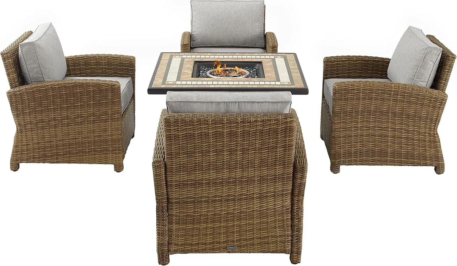 Crosley Furniture Bradenton 5-Piece Wicker Outdoor Chair Patio Furniture Set with Propane Gas Fire Pit Table, Brown with Gray Cushions