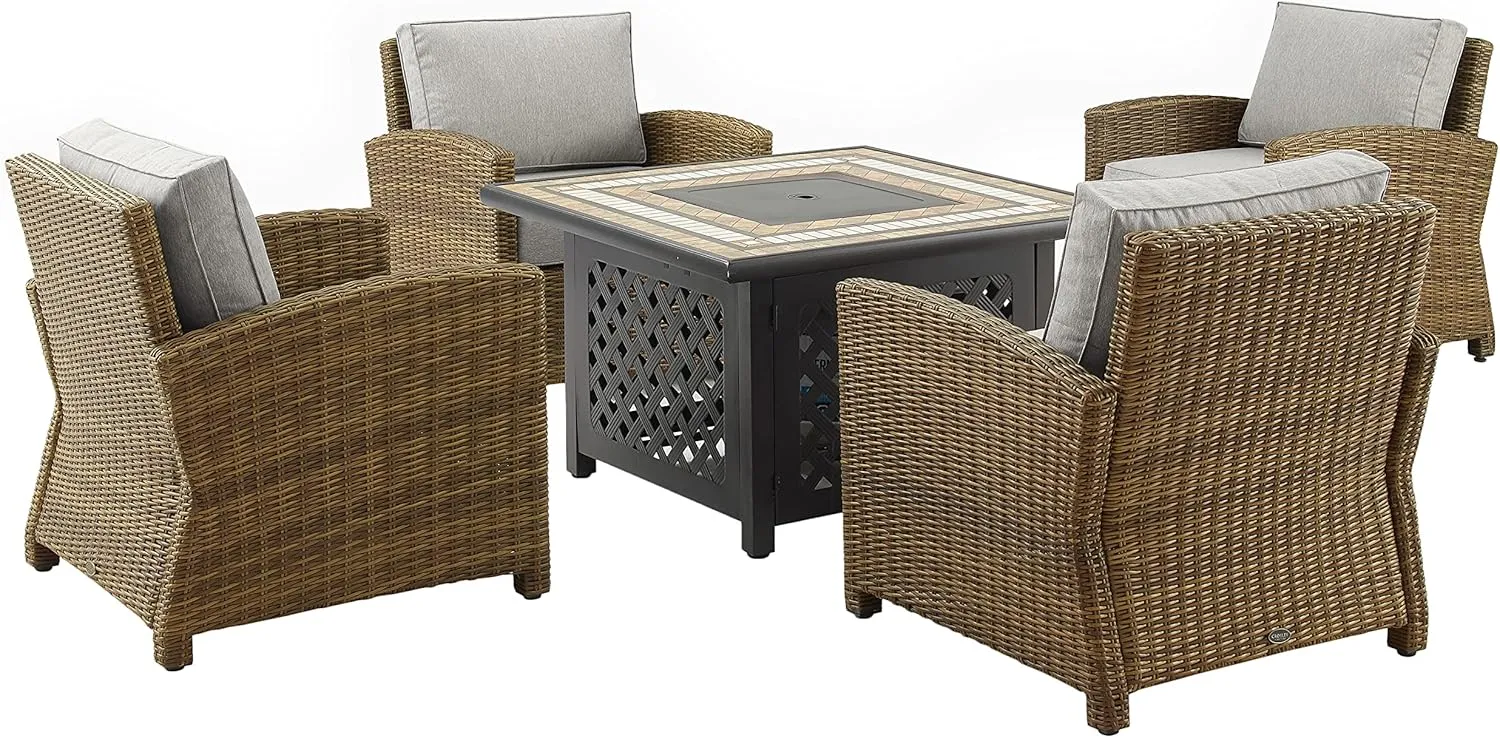 Crosley Furniture Bradenton 5-Piece Wicker Outdoor Chair Patio Furniture Set with Propane Gas Fire Pit Table, Brown with Gray Cushions