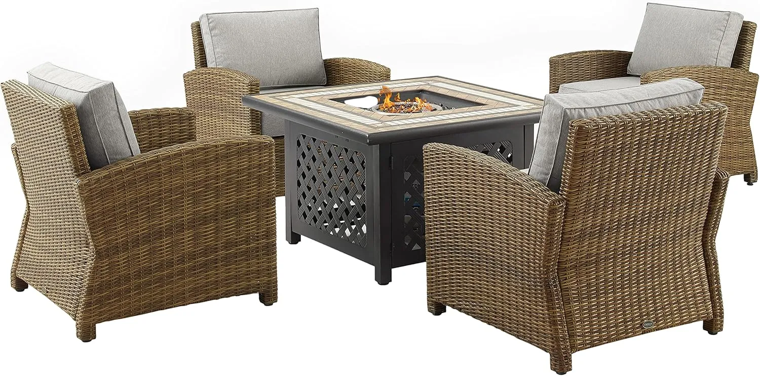 Crosley Furniture Bradenton 5-Piece Wicker Outdoor Chair Patio Furniture Set with Propane Gas Fire Pit Table, Brown with Gray Cushions