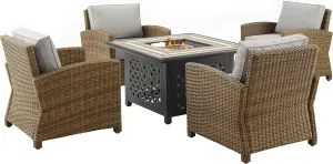 Crosley Furniture Bradenton 5-Piece Wicker Outdoor Chair Patio Furniture Set with Propane Gas Fire Pit Table, Brown with Gray Cushions