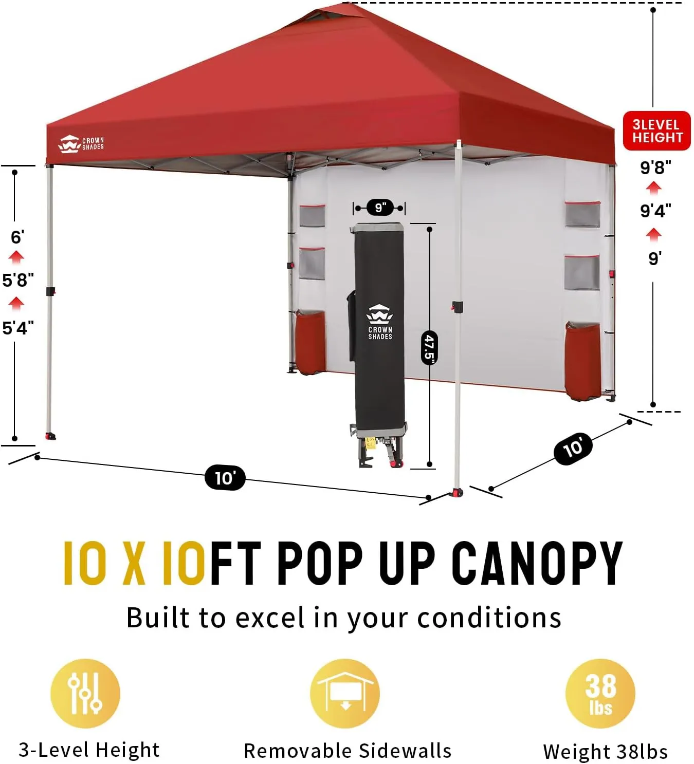 CROWN SHADES Canopy Tent 10x10 Pop Up Canopy Outdoor Shade with Pockets Sidewall, Easy Up Sun Shelter with One Person Set Up Center Lock, Portable Instant Camping Beach Canopy Tents, Red