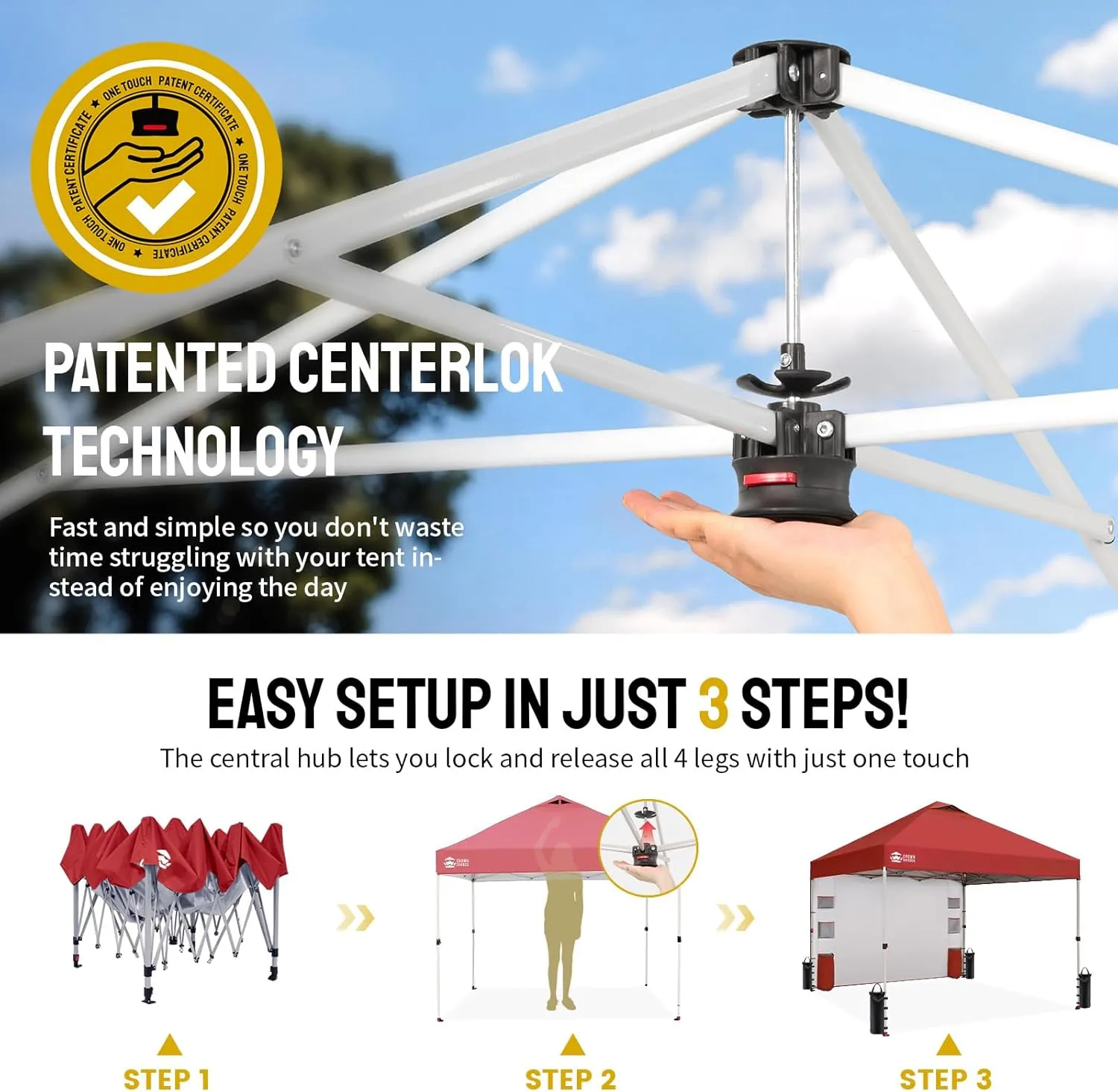 CROWN SHADES Canopy Tent 10x10 Pop Up Canopy Outdoor Shade with Pockets Sidewall, Easy Up Sun Shelter with One Person Set Up Center Lock, Portable Instant Camping Beach Canopy Tents, Red