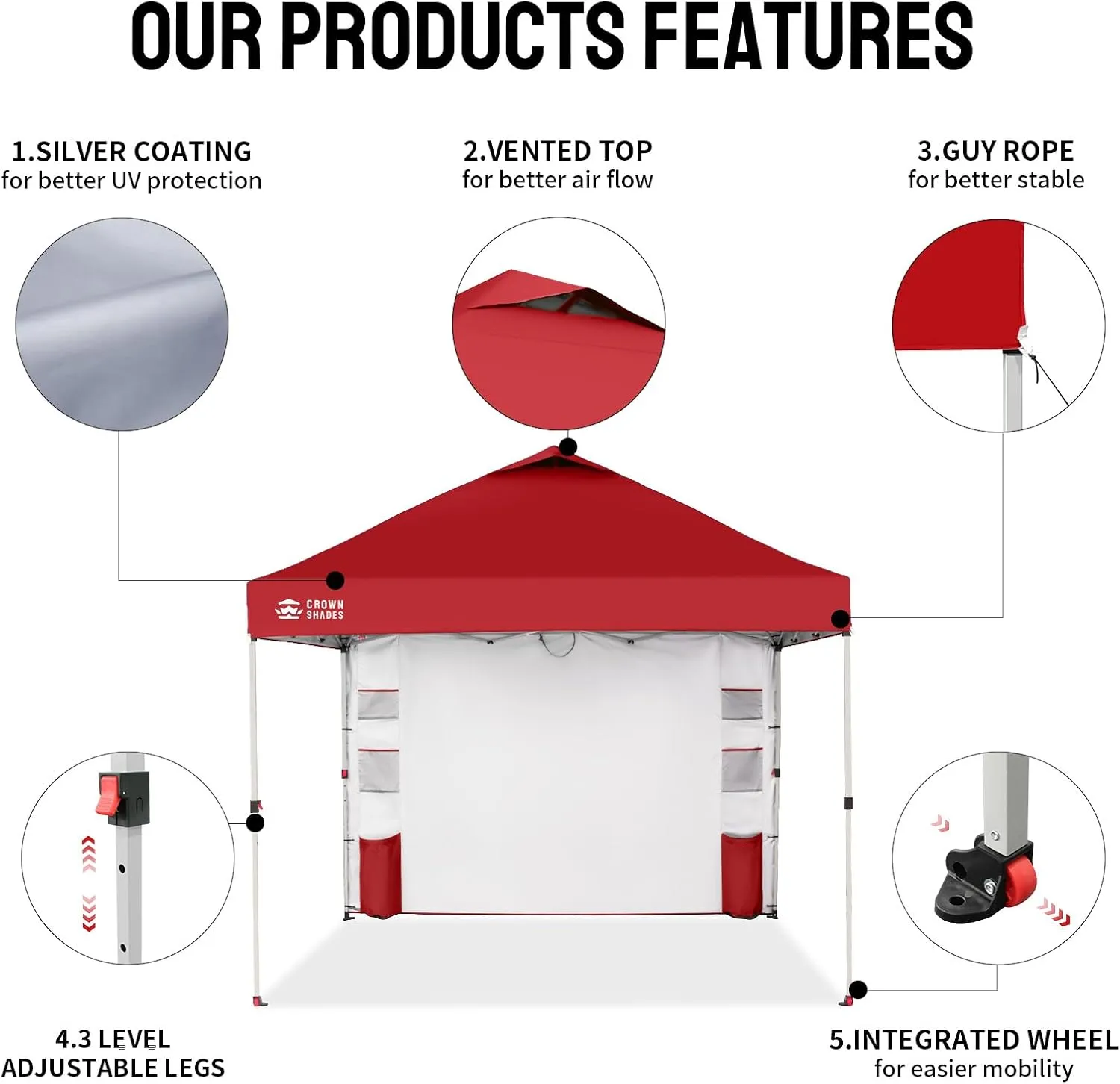 CROWN SHADES Canopy Tent 10x10 Pop Up Canopy Outdoor Shade with Pockets Sidewall, Easy Up Sun Shelter with One Person Set Up Center Lock, Portable Instant Camping Beach Canopy Tents, Red