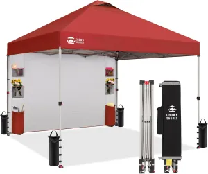 CROWN SHADES Canopy Tent 10x10 Pop Up Canopy Outdoor Shade with Pockets Sidewall, Easy Up Sun Shelter with One Person Set Up Center Lock, Portable Instant Camping Beach Canopy Tents, Red