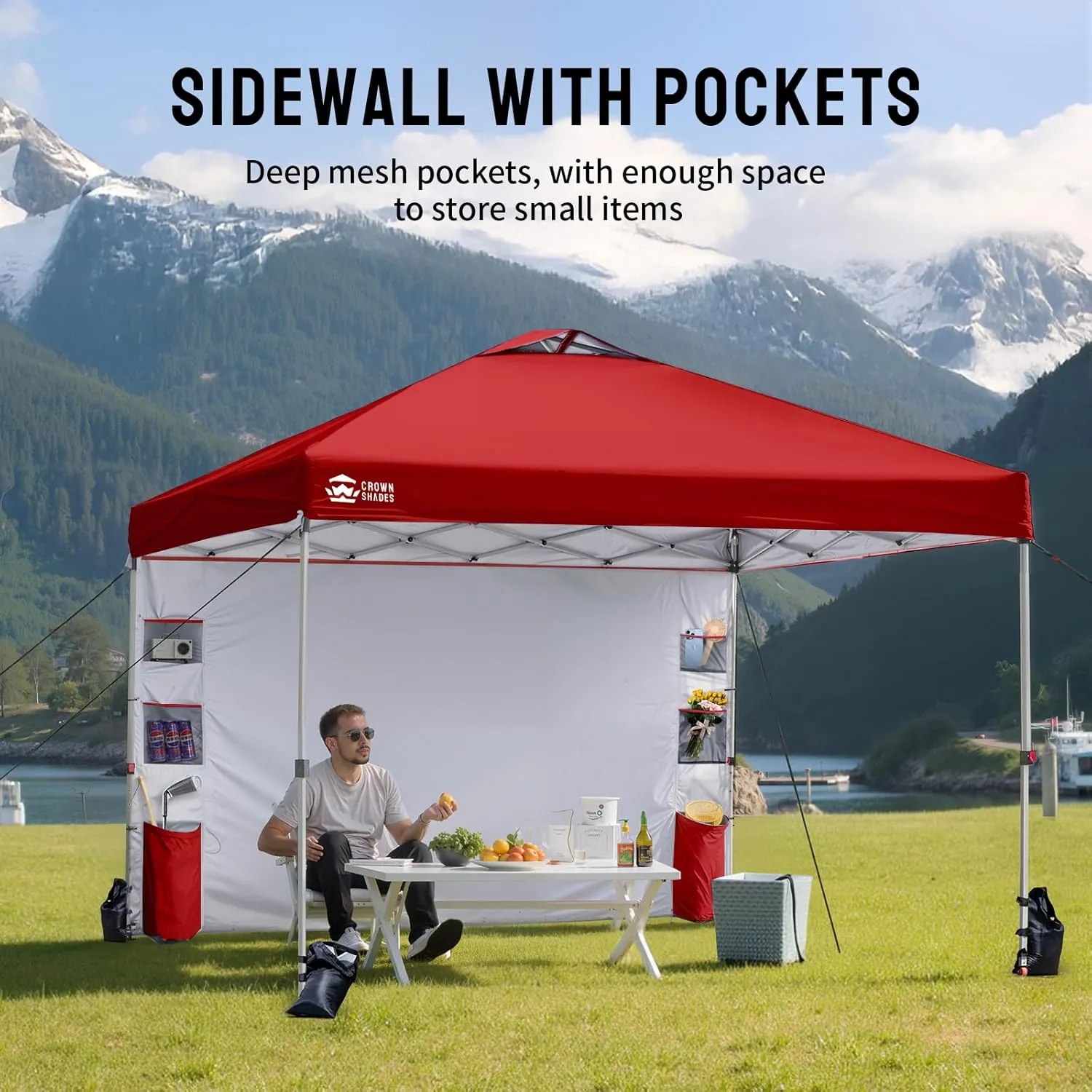 CROWN SHADES Canopy Tent 10x10 Pop Up Canopy Outdoor Shade with Pockets Sidewall, Easy Up Sun Shelter with One Person Set Up Center Lock, Portable Instant Camping Beach Canopy Tents, Red