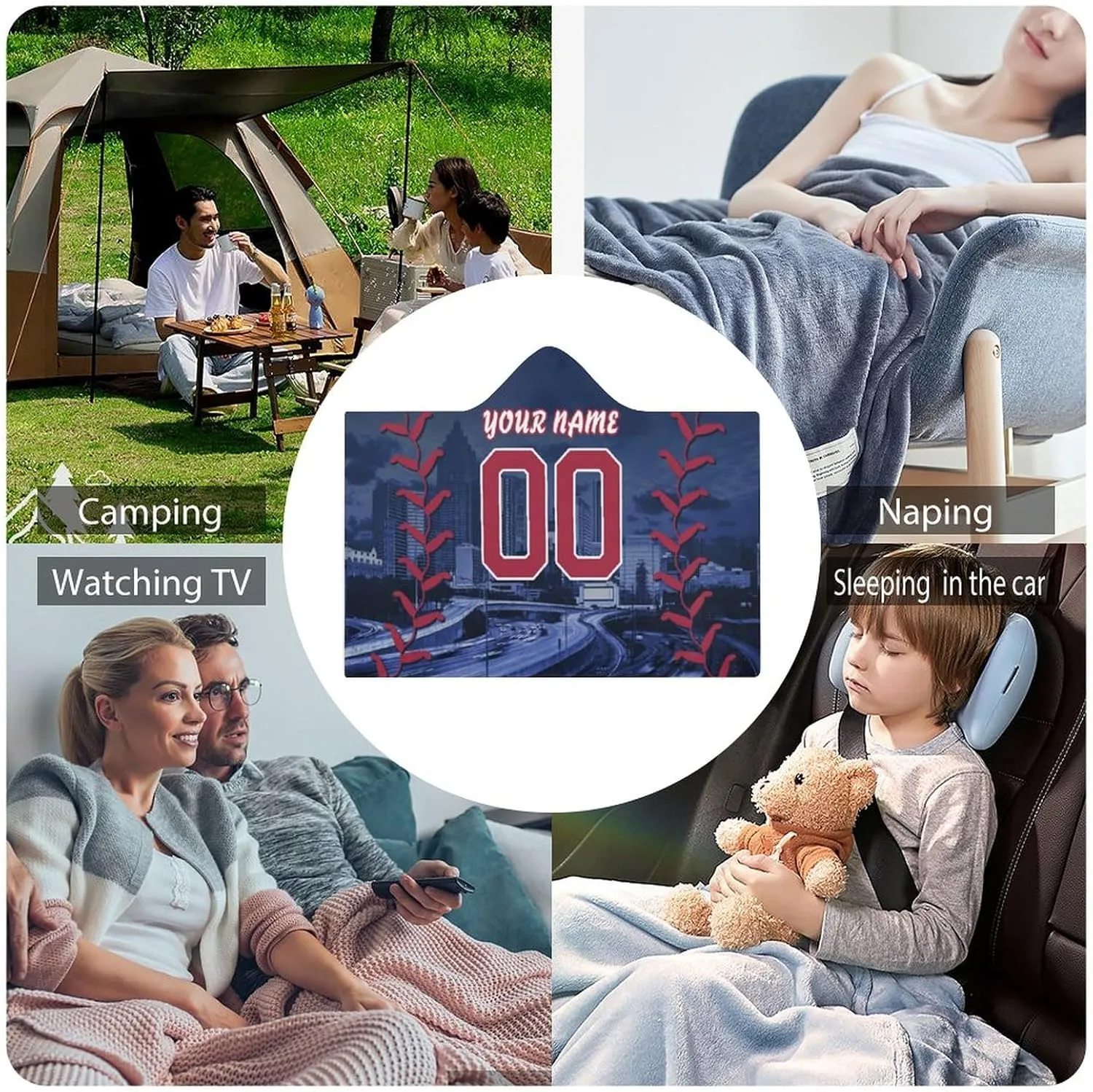 Custom Baseball City Night Skyline Hooded Blankets Personalized with Name Wearable Flannel Blankets Gifts 50" x 40",60" x 50",80" x 60"