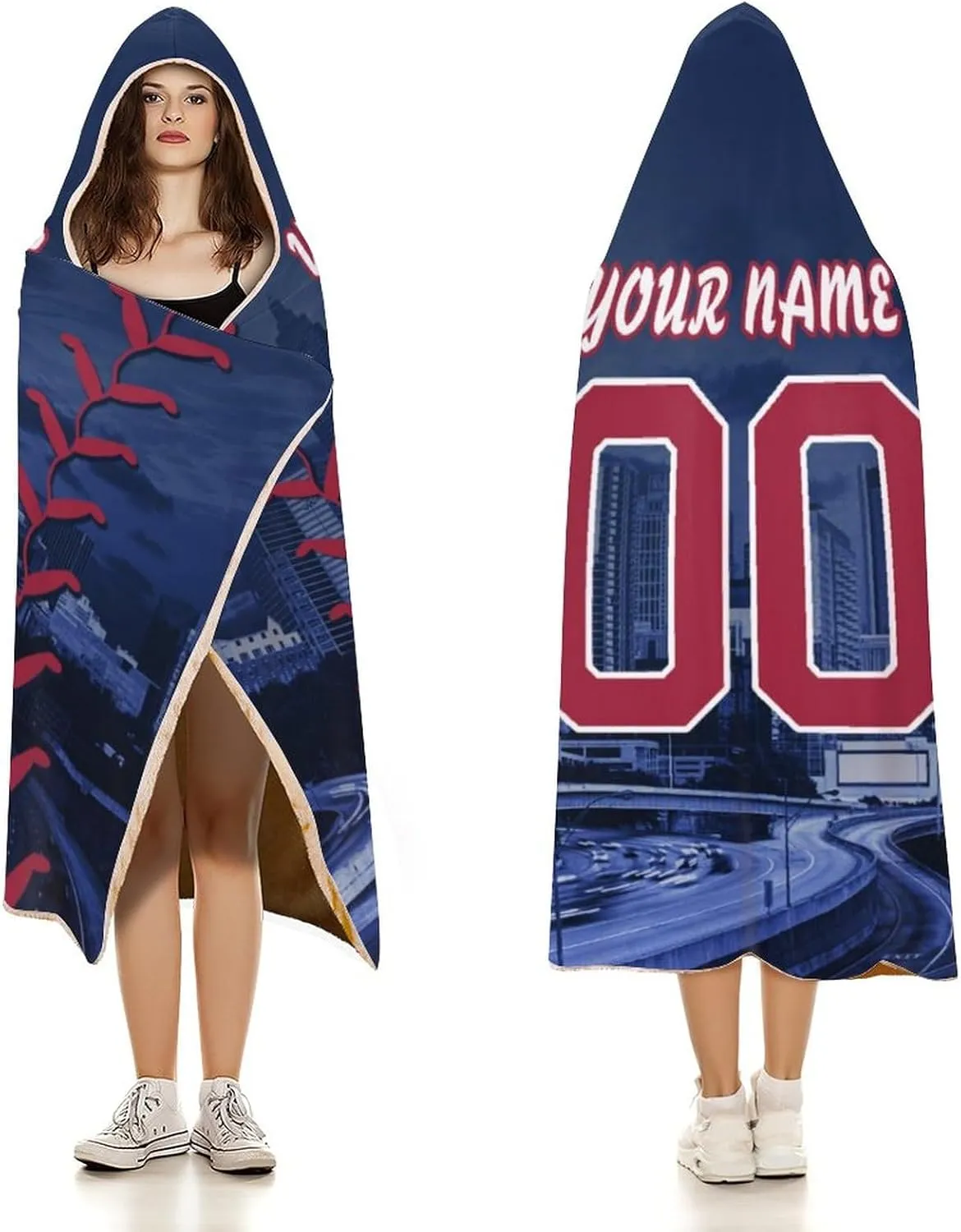 Custom Baseball City Night Skyline Hooded Blankets Personalized with Name Wearable Flannel Blankets Gifts 50" x 40",60" x 50",80" x 60"