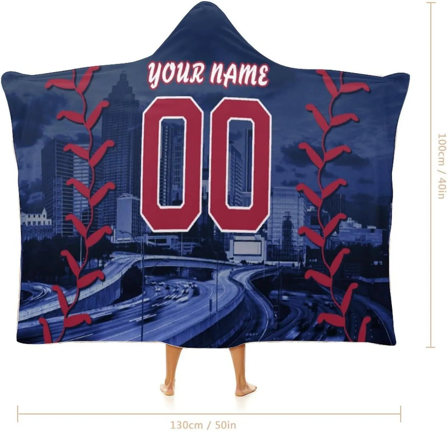 Custom Baseball City Night Skyline Hooded Blankets Personalized with Name Wearable Flannel Blankets Gifts 50" x 40",60" x 50",80" x 60"