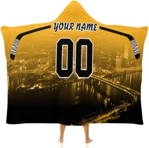Custom Hockey City Night Skyline Hooded Blankets Personalized with Name Wearable Flannel Blankets Gifts 50" x 40",60" x 50",80" x 60"
