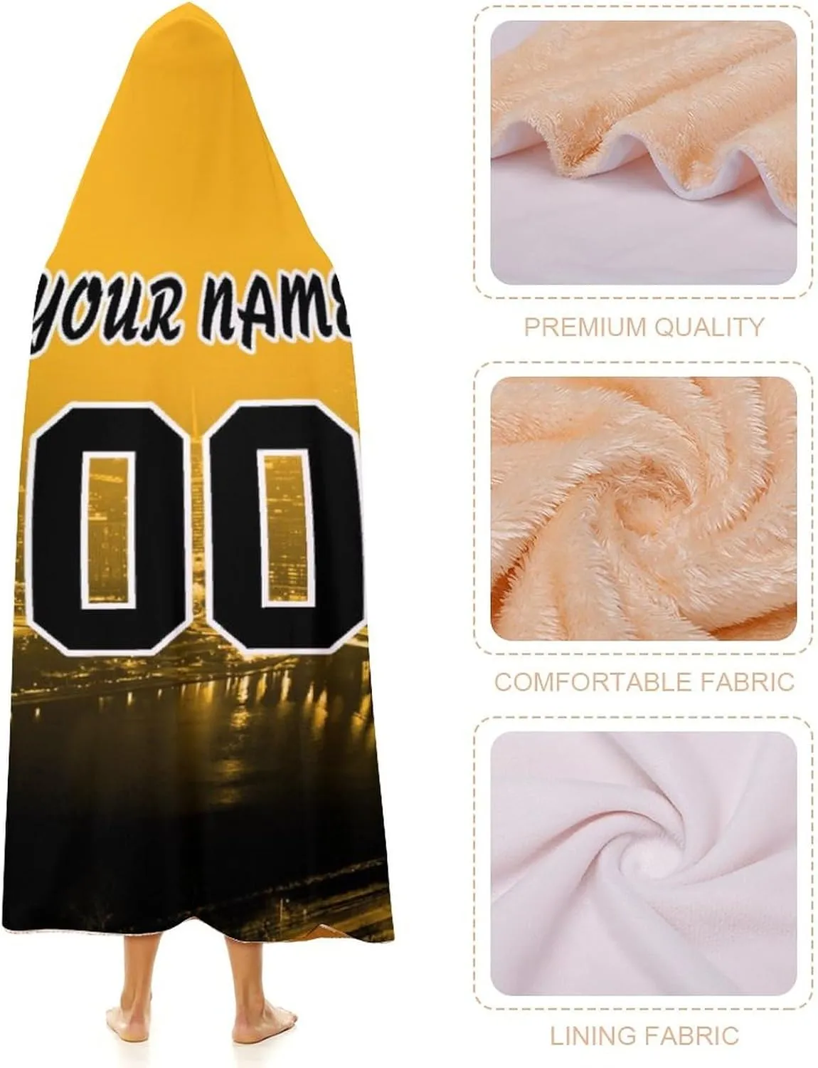 Custom Hockey City Night Skyline Hooded Blankets Personalized with Name Wearable Flannel Blankets Gifts 50" x 40",60" x 50",80" x 60"