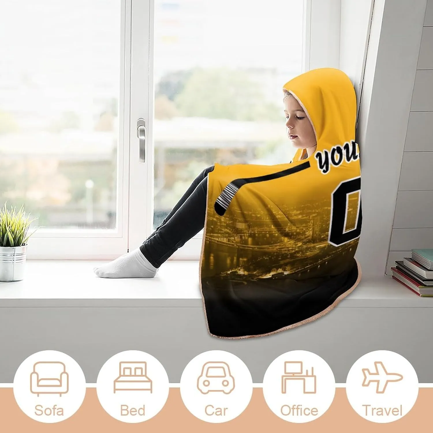 Custom Hockey City Night Skyline Hooded Blankets Personalized with Name Wearable Flannel Blankets Gifts 50" x 40",60" x 50",80" x 60"